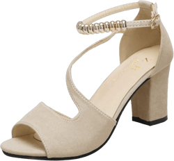 Beaded Sandals For Women 2024 Summer Fashion Party Sandals Open Toe Chunky Block Heel Elegant Ladies Cutout Suede Shoes 6.5 01#beige