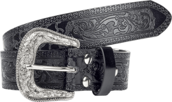 IZUS Women Vintage-Cowboy-Belt Western-Cowgirl Leather-Belt Floral Embossed PU with Turquoise Scalloped Buckle Boho Rodeo Black-7h 43"Belt for 33"-37" waist