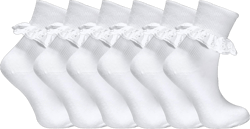 6 pairs of Girls Cotton Pretty white lace trim ankle socks 11 + years (5-7 us) White