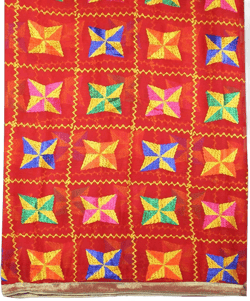 Red Phulkari Dupatta Chiffon Multicolor Embroidered Stole Scarf Traditional Punjabi Chunni Hijab for Woman (Red)