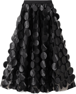 Tulle Midi Skirt Women Elastic Waist 3D Polka Dot Ruffle Skirt Mesh Layered Tutu Long A-Line Party Skirt One Size Black