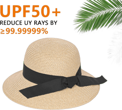 Beach Hats for Women, Sun Hats for Women Straw Hat, UPF 50+ UV Protection Summer Hat, Floppy Wide Brim Hats for Women Mixed Khaki-black Ribbon