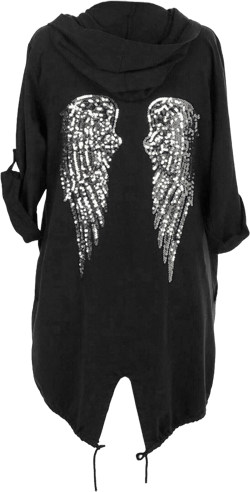 Cima Mode Womens Sequin Angel Wings Back Baggy Oversized Hoodie Cardigan Jacket Sweatshirt Top Black 14-16