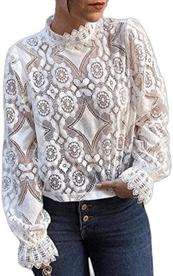 Womens Dressy Casual Long Sleeve Lace Tops, Sheer Mock Neck Business Casual Tops,Going Out Tops for Girls XX-Large White