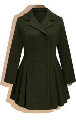 SHEIN MOD Fashionable Chic Military Green Double-Breasted Woolen Coat With Waist Cincher, A-Line Pleated Hem, Slim Fit For Women, Winter