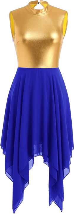 IBAKOM Praise Dance Dress for Women Gold Metallic Chiffon Asymmetric Skirt Lyrical Contemporary Dance Liturgical Overlays Medium Royal Blue