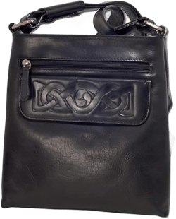 Handmade 100% Genuine Leather Crossbody Travel Handbag for Women, Embossed Irish Celtic Knot, Imported, Handmade in Ireland Black