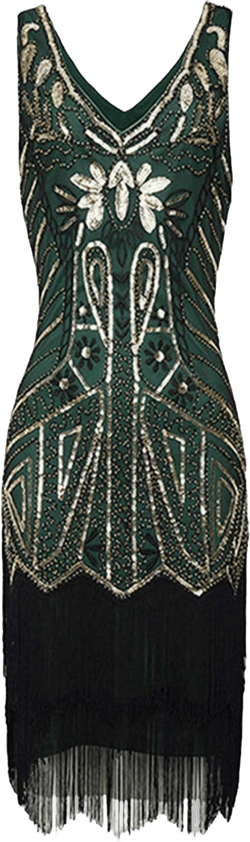 HGps8w Cocktail Dress for Women 1920s Vintage Fringed Gatsby Sequin Beaded Tassels Hem Ladies Elegant Flapper Dresses X-Large 01 Green