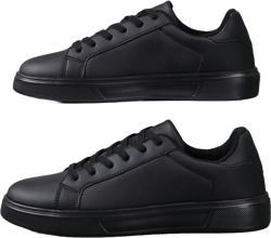 Men's Spring/Fall Black PU Leather Flat Sneakers, Round Toe Lace-Up Soft Sole Casual Sports Shoes