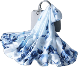 Silk Scarf Women Flower Printed Fashion Elegant Style Long Soft Shawl Wrap Warm Scarf Sunscreen Shawl All Season Blue