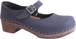 Sandgrens Handmade Swedish Wood Clogs for Women, Low Heel Sandals | Mary Jane 9-9.5 Navy Nubuck (Dark Brown Base)