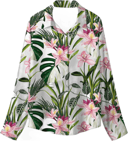 Hawaiian Shirts Women Long Sleeve Button Down Lapel Collar Floral Print Tunic Blouse
