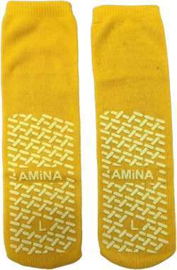 AMiNA Non Slip Socks for Women and Men, 3 Pairs Grip Socks Hospital Non Slip Socks Safety Grippy Socks for Elderly, Recovery Large Yellow