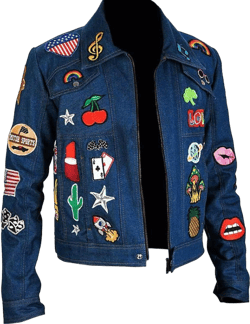 Mens Vintage John Rocket Concert Taron Egerton Blue Denim Jacket with Patches Small Red