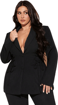 SHEIN BAE Plus Size Women Black Cross Tie Waist Commuter Suit Jacket Plus Business Women Blazers Black Formal Attire Sequence Blazer Suits For Women Formal Plus Size Work Clothes Elegant Blazer Suit For Ladies Curvy Blazer Black Formal Attire Fitted Black Blazer Womens Blazers Long Sleeve Business Casual Woman
