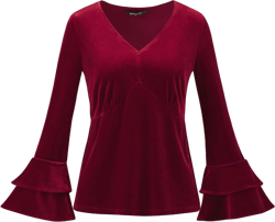Allegra K Women's Regular Fit V Neck Velvet Flare Long Sleeve Peplum Blouse Burgundy Small