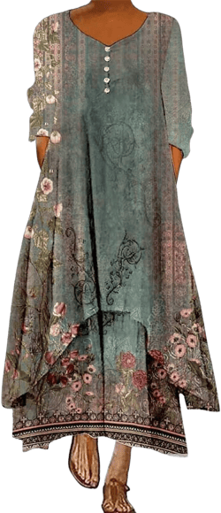 LOAIHA Womens Plus Size Bohemian Flowy Linen Summer Dress Boho Floral Printed Dress Long Sleeve Irregular Hem Maxi Dress, Medium, Print01