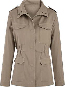 Women's Military Anorak Jacket Zip Up Snap Button Parka Safari Utility Coat Outwear with Pockets Medium Khaki