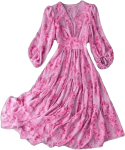 Women's Chiffon Floral Dresses V Neck Ruffle Dress Lantern Sleeve High Waisted Midi Dress Large Rose Red