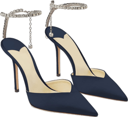 LauraVicci Women's Heeled Sandals Crystal Chain Ankle Straps Rhinestones Buckle High Heels Stiletto Slip On Wedding Party Satin Dress Shoes 5.5 Navy Satin
