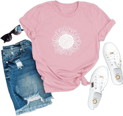 MaQiYa Womens Cute Sunflower Graphic Printed Tee Shirts Vintage Short Sleeve Cotton Shirts Tops Pink Medium