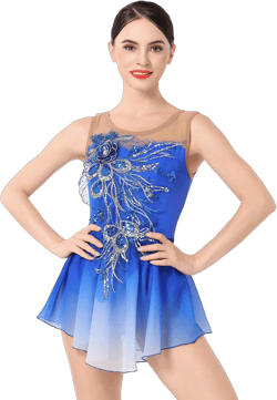 Figure Skating Dress for Women Ice Skating Costume Shiny Sequins Flower Dance Leotard Gradient Chiffon Flowy Skirt X-Large Royal Blue