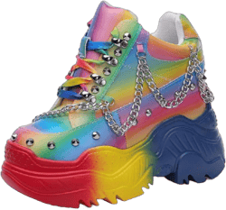 Spring Autumn Height Increasing Platform Metal Chain Rivet Genuine Leather Women Rainbow Color Sneakers Shoes Ladies Wedges Pumps 2401 6.5 Multicoloured