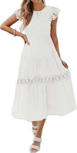 ZESICA Women's Casual Crew Neck Flutter Sleeve Smocked High Waist Hollow Out Lace Trim Tiered A Line Midi Dress Ivory Small