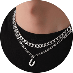 WEDDINEN Layered Initial A-Z Letter Pendant Necklace for Men Figaro Cuban Chain Necklace Jewelry Christmas Birthday Gift for Men Boys Boyfriend U