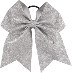 Glitter Cheer Bows - Cheerleading Softball Gifts for Girls and Women Team Bow with Ponytail Holder Complete your Cheerleader Outfit Uniform Strong Hair Ties Bands Elastics by Kenz Laurenz (1) (Silver)