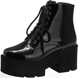 MAVMAX Women's Gothic Chunky High Heel Ankle Boots Platform Lace up Patent Leather Booties 4.5 Black