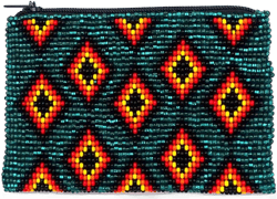 Native American Inspired Multi Diamond Pattern Czech Glass Seed Beaded Coin Purse Zipper Pouch - Womens Fashion Handmade Bags Tribal Accessories (Teal)