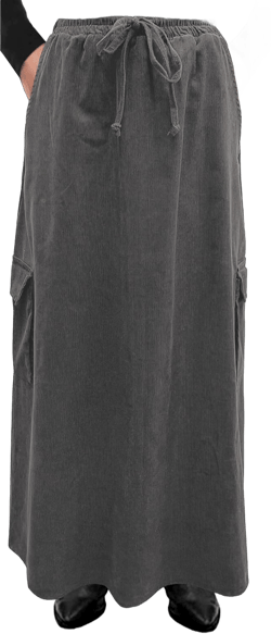 BABY O Womens 100% Cotton Corduroy Drawstring Elastic Waist Cargo Pocket Long Ankle Length Maxi Skirt, Made in USA Medium Grey