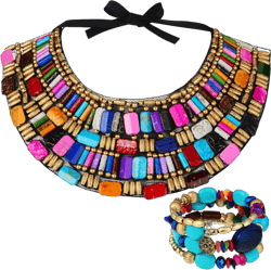 Bonuci 2 Pcs African Jewelry for Women African Chunky Choker Necklace Multicolour Bohemian Beads Jewelry Sets Rainbow Chunky Layered Beaded Bib Necklace for Women