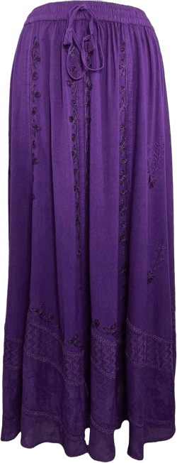 Agan Traders Women's 2024 Fall Elastic Waistband Flare Hem Boho Skirt - Long Renaissance Embroidered Maxi Skirt XX-Large-3X-Large Plus Purple
