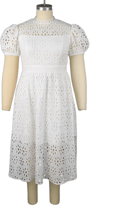 AOMEI Women's Hollow Out Lace Short Sleeve High Waist Elegant A-Line Midi Dress Medium White