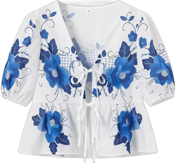 Wyeysyt Womens Tie Front Tops Floral Puff Sleeve Cropped Babydoll Tops V Neck Ruffle Hem Peplum Blouse Blue Medium