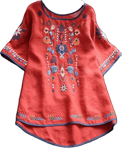 Apvirdy Mexican Shirts for Women Bohemian Linen Tops Ethnic Embroidered Floral Peasant Top Short Sleeve Casual Fiesta Shirts Red Mexican Embroidered Shirts Medium