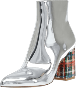 FSJ Women Fashion Pointed Toe Ankle Boots Rhinestone Studded Block Stacked Chunky Heel Comfy Side Zipper Booties Size US 4-15 9.5 Silver Metallic