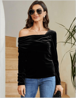 WhizMax Sexy Off The Shoulder Tops for Women Plus Size Cross Wrap Velvet Tee Shirt Blouse Black S
