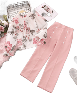 Tween Girl Floral Print Flare Sleeve Blouse & Double Breasted Pants