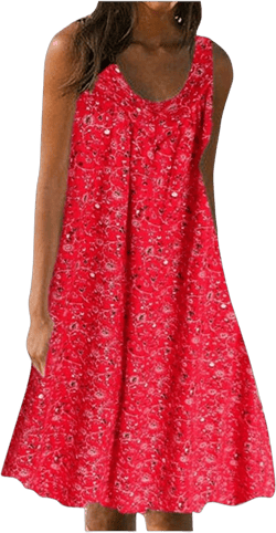HHmei Women's Summer Dresses 2024 Beach Casual Sleeveless Floral Print Boho Tank Dress V Neck Loose Sundress with Pocket Small Red