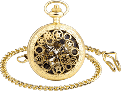 Men's Mechanical Pocket Watch, Vintage Pocket Watch, Steampunk Gears Series Skeleton Roman Numerals Dial Black Stainless Steel Case for Men Women gold