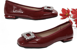 Women's Red Classic Square Rhinestone Versatile Breathable Soft Bottom Flat Fashion Shoes