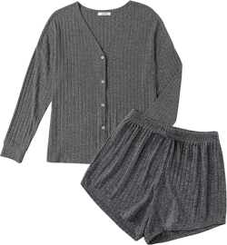 Ekouaer Ribbed Knit Pajamas Sets for Women Button-Down Loungewear Casual Shirt and Shorts 2 Piece Long Sleeve Soft Lounge Set