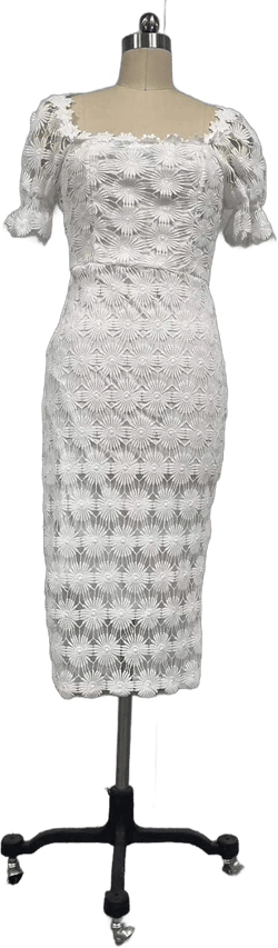 Women's Short Sleeve Lace Floral Elegant Cocktail Wedding Guest Dress Off The Shoulder Knee Length for Party Large White