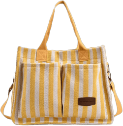 Canvas Tote Bag with Multi Pockets Women Stripe Crossbody Tote Bag Casual Purse Handbag Shoulder Bag for Work College Travel Yellow