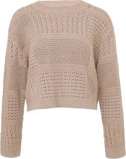 Women's Hollow Out Crew Neck Long Sleeve Loose Knit Short Sweaters Pullover Jumper Blouse Tops Large Tan
