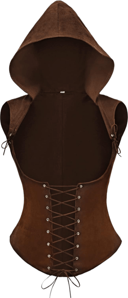 FURPHI Women’s Steampunk Underbust Corset Vest with Hood Faux Leather Sleeveless Medieval Gothic Costume (US, Alpha, X-Small, Regular, Regular, Brown)