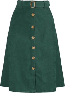 Allegra K Women's High Waist Button Front A-Line Belted Corduroy Midi Skirt X-Small Dark Green